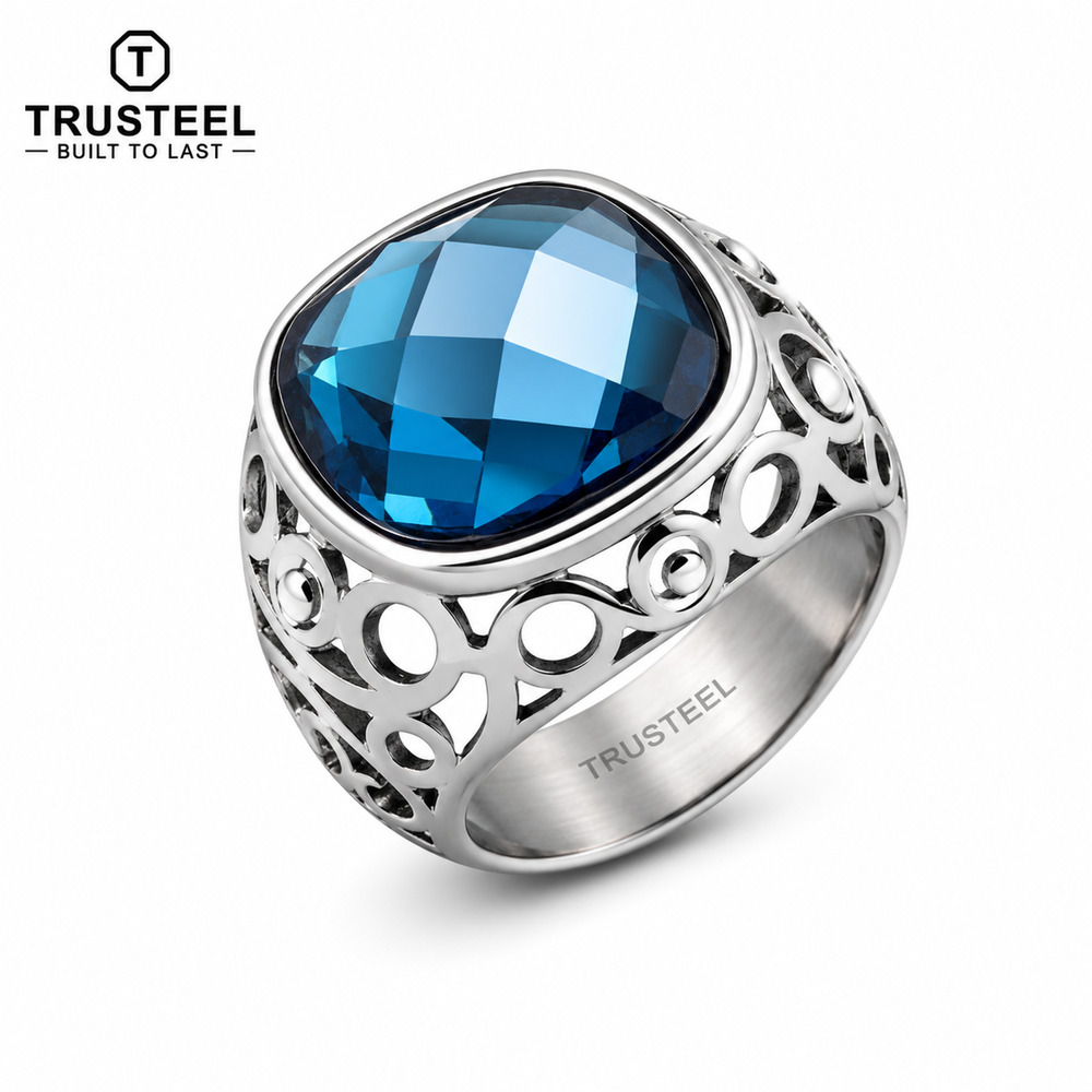 316L Stainless Steel Statement Ring women’s men’s Blue Faceted Stone size 6